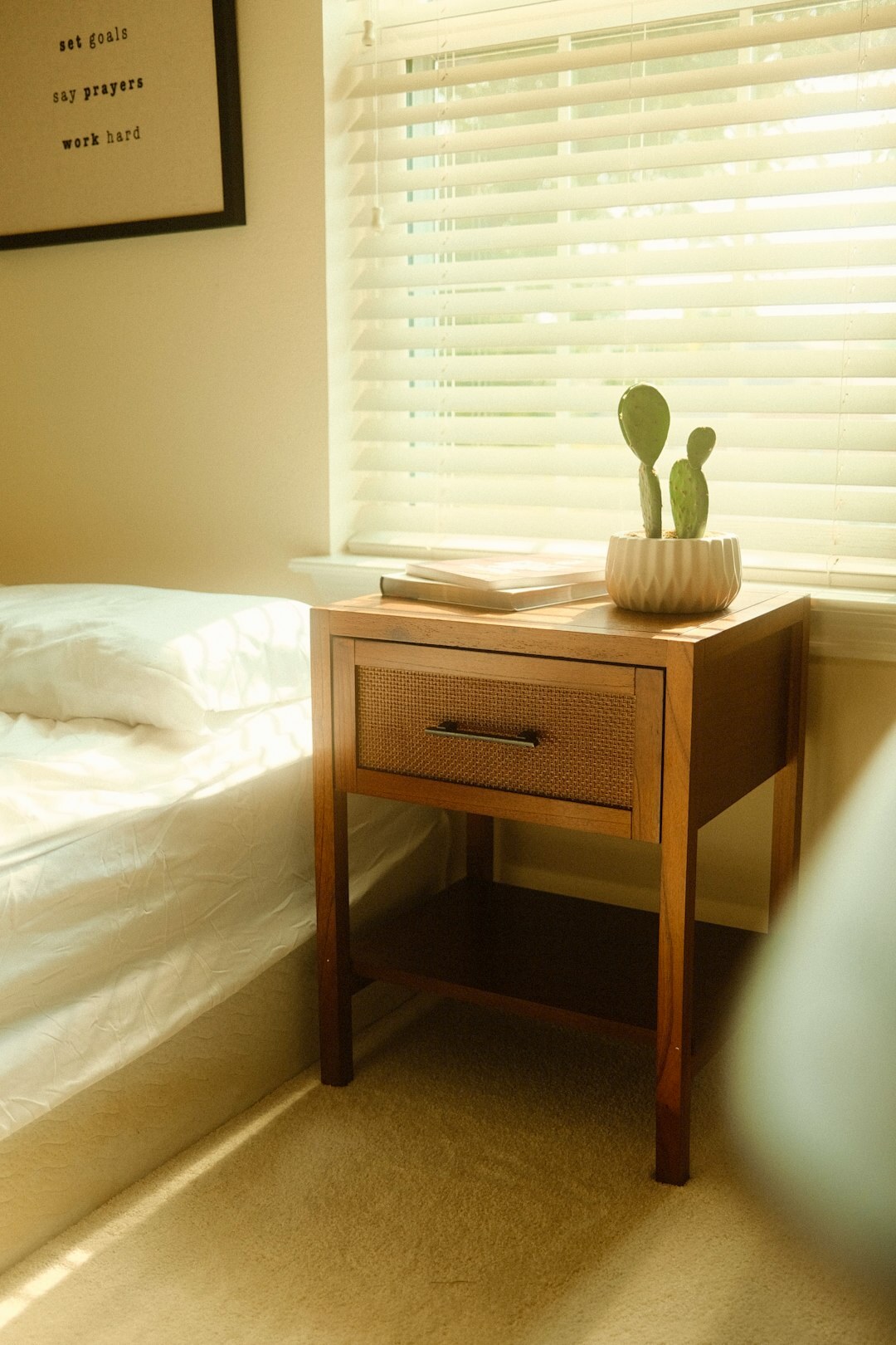 bedroom nightstand with plants